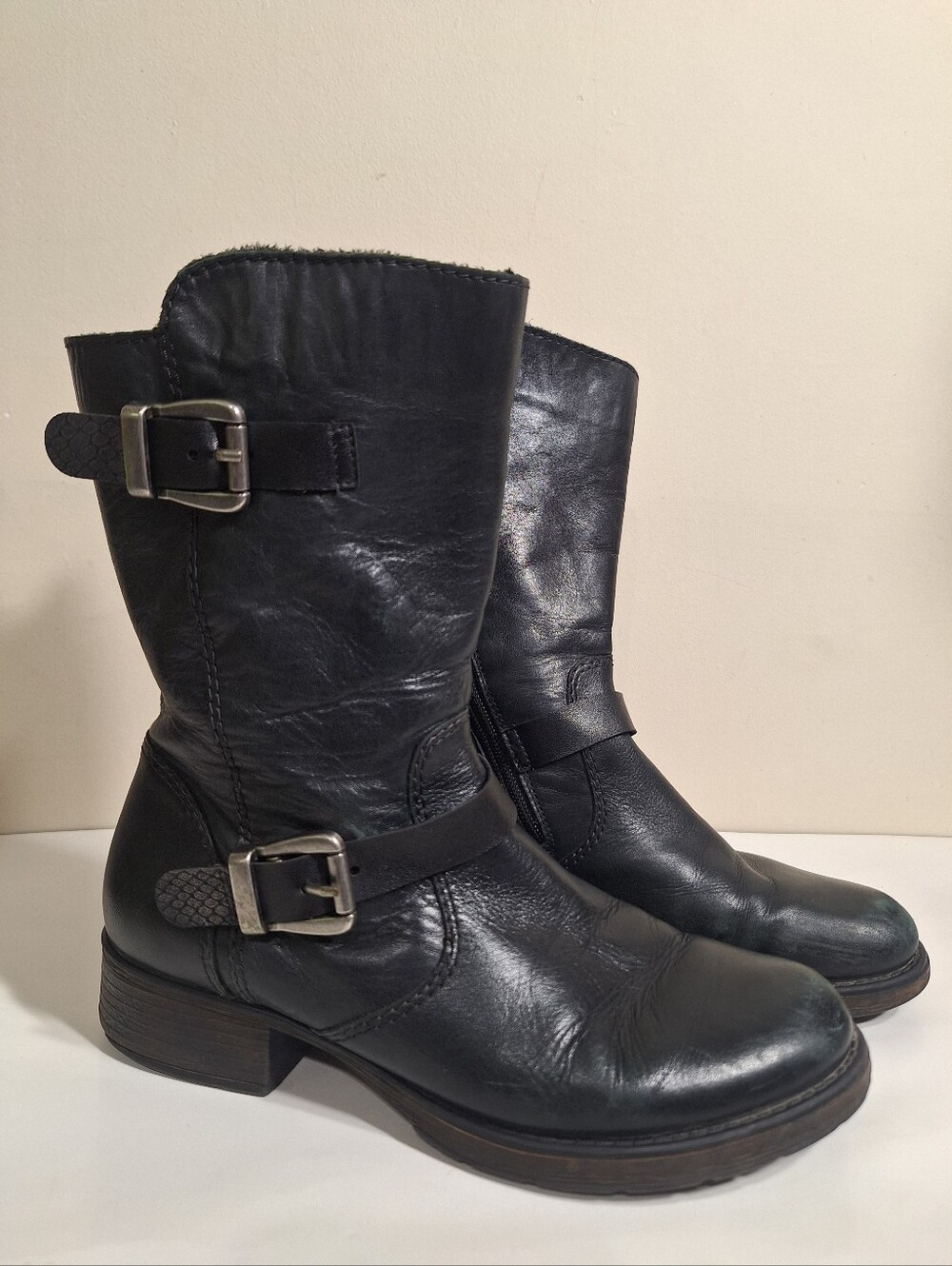 Rieker Leather Moto Ankle Boots Black Buckle Zip Mid Calf 36 US 5.5